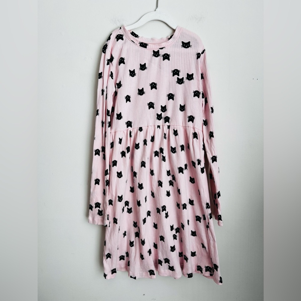 Hanna Andersson girls pink ribbed long sleeve cat print dress 12